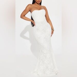 Fashion Nova Strapless White Lace Maxi Dress